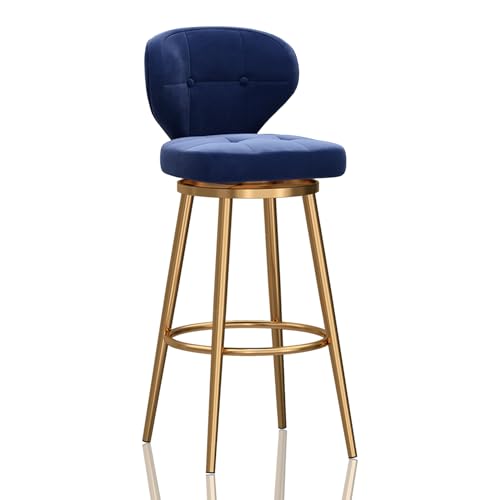 RiouPsithuric Moderner drehbarer Barhocker aus Samt mit Rückenlehne, 65 cm Thekenhöhe, goldene Metallbeine, gepolsterter Sitz für Kücheninseln, stilvoller Blauer Stuhl für Zuhause und Esszimmer von RiouPsithuric