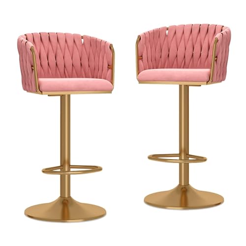RiouPsithuric Set mit 2 verstellbaren, drehbaren Barhockern mit Rückenlehne, mit Samt gepolsterte Bar für Kücheninsel, rosa Stühle mit goldenen Metallbeinen, modernes gewebtes Design. von RiouPsithuric