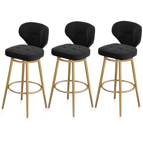 RiouPsithuric Set mit 3 drehbaren Barhockern aus Samt mit Rückenlehne, 65 cm Thekenhöhe, Sitzgelegenheit für Kücheninseln, Pubs, Cafés, Restaurants, goldene Metallbeine, Schwarze Polsterung von RiouPsithuric