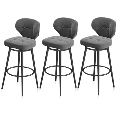 RiouPsithuric Set mit 3 drehbaren Barhockern aus grauem Samt, Thekenhöhe mit Rückenlehne, Metallbasis für Kücheninsel, Pub, Café, Moderne Esszimmerstühle, 75 cm hoch von RiouPsithuric