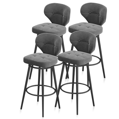RiouPsithuric Set mit 4 drehbaren Barhockern aus Samt, 75 cm Thekenhöhe mit Rückenlehne, Schwarze Metallbeine, ideal für Kücheninseln, Pubs, Cafés, modernes graues Design von RiouPsithuric