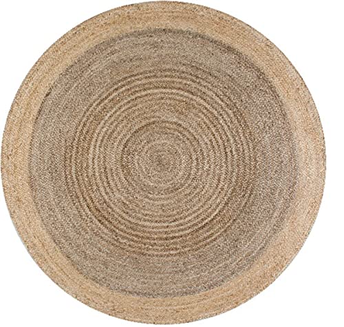 Jute Teppich Wendbar Handgewebt Grau Mit Beige Bordüre Rund Bauernhaus Outdoor Wohnzimmer (150 x 150 cm, 5 Fuß Rund) von Ripaz Vogue