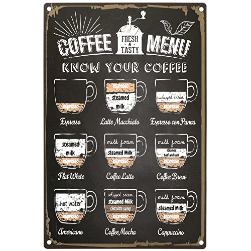 Ripeng Kaffee-Menü-Schild, 30.5x20.3 cm, Kaffee-Schild, Vintage-Kaffee-Bar-Dekoration, Metall, Know Your Coffee-Menü, Wanddekoration, Kaffee-Bar-Zubehör für Küche, Wand, Bauernhaus-Regal, schwarz von Ripeng