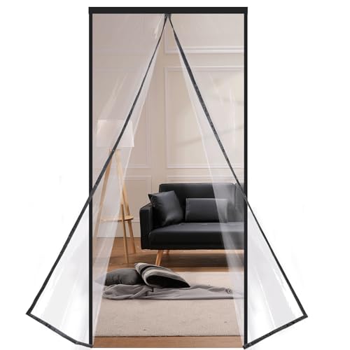 Risareyi Magnet Thermo Türvorhang Wärmeschutzvorhang 105x135cm, Schwarz Transparent EVA Türvorhang Thermo Kälteschutz Isolier-Schutz-Vorhang Universal für Türen Fenster, Kinderleichte Klebemontage von Risareyi