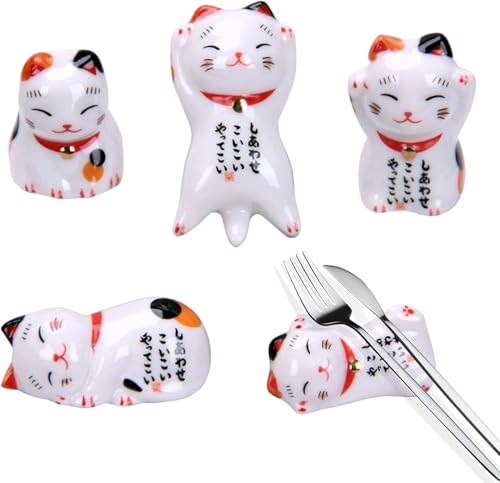 Risegun Glückskatze Essstäbchen Rest, 5Pcs/Set Glückskatze Essstäbchenhalter, Japanische Keramik Katze Essstäbchen Rest für Hauptdekoration Geschenk Set von Risegun