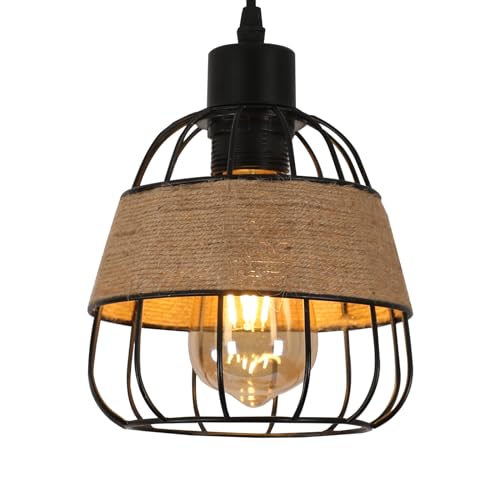 Pendelleuchte Vintage Industrial, Hängelampe Schwarz aus Eisen Käfig und Hanf Seil, 1 Flammige E27 Pendelleuchte Esstisch Retro, Geometrischem Design Hängeleuchte für Küche,Wohnzimmer Schlafzimmer von Riserva