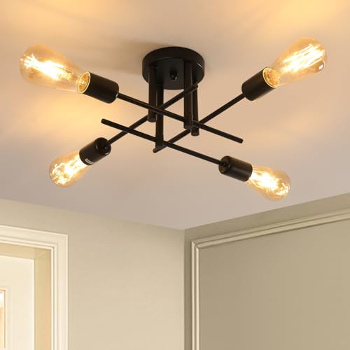 Riserva Deckenleuchte Schwarz, 4 Flammig Deckenlampe Industrial, E27 Kronleuchter Metall für Wohnzimmer, Schlafzimmer, Esszimmer (Ohne Leuchtmittel) von Riserva
