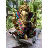 Messing Ganesha Statue, 15 cm, Handgemachtes Kleines Ganesh Idol Mit Stein Inlay, Viel Glück Geschenk, Elefant Gott, Yoga Und Meditation Figur von RishikeshHandicraft