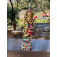 Messing Krishna Statue Groß, 52 cm Großes Lord Idol Mit Steinmetzarbeit, Einweihungsgeschenk, Heiratsjahrestag Geschenk, Hindu Hochzeitsgeschenk von RishikeshHandicraft