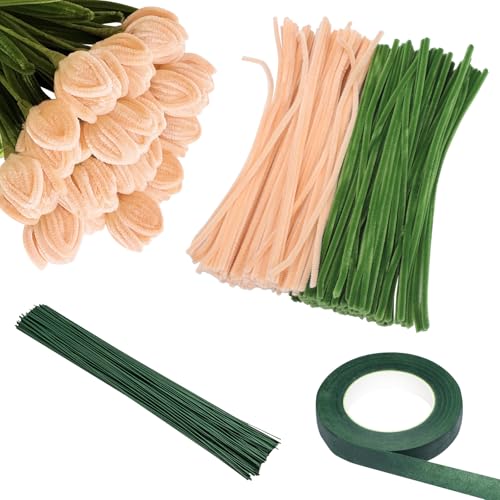 200 Stück rosa olivgrüne Pfeifenreiniger Set mit Blumendrähten & Gartenband, Chenille Stiele Pfeifenreiniger für Tulpenstrauß machen, Kinder DIY Handwerk Projekte und Dekorationen (Aprikose) von Risipu