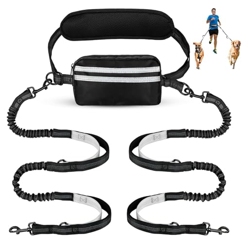 Risipu Freihändige Hundeleine für 2 Hunde, Verstellbarer Hüftgurt mit Tasche und Taillenstütze, absorbierende Bungee-reflektierende Nähte zum Laufen, Walken, Joggen von Risipu
