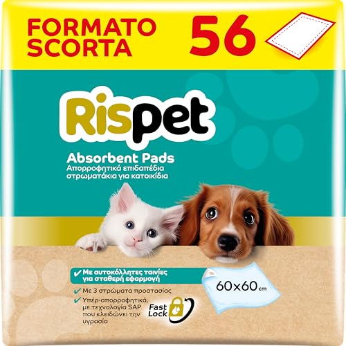 RISPET Hygienische Matten für Hunde, 60 x 60 cm, hohe Saugfähigkeit mit Geruchskontrolle, 56 Stück von Rispet