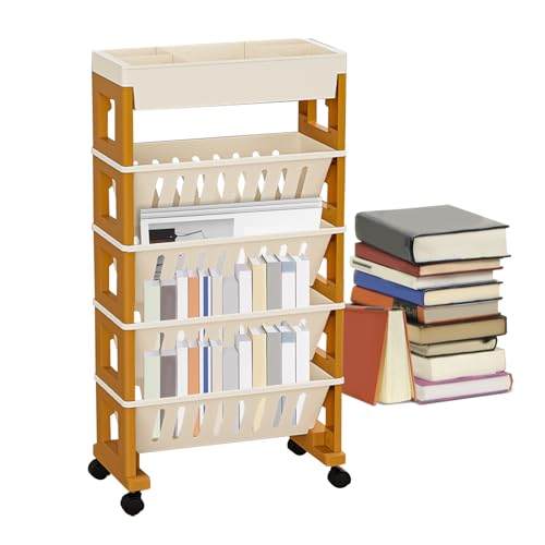 Ristyur Bücherregal-Aufbewahrungs-Bücherregal, mobiles Bücherregal mit Rollen - Mobiles Bücherregal mit 5 Ebenen und großem Fassungsvermögen | Robustes Kinder-Bücherregal mit 45°-Neigungswinkel, von Ristyur