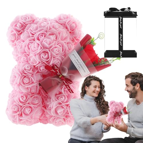 Rosenblumen Teddybär, Künstlicher Blumenbär, Valentinstag Rosenbärs Mit Transparenter Geschenkbox, Handgefertigtes Romantisches Rosenblumenbär Geschenk Zum Geburtstag, Valentinstag,Jahrestag von Ristyur