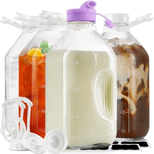 4 Stück 1,8 l robuste Glas-Milchflasche mit wiederverwendbarem, luftdichtem Schraubdeckel, 2 l Glas-Wasserflasche mit 2 exakten Skalenlinien – Glas-Milchkännchen – 1,2 Liter Saftflaschen (extra 2 von Ritayedet