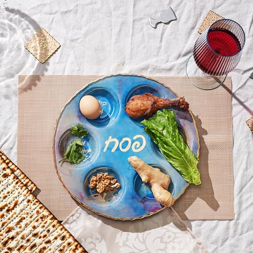 Rite Lite Blauer Marmor-Design-Glas-Teller für Passover – elegantes rundes Design mit goldenen Akzenten, hebräische und englische Lebensmitteletiketten, handgefertigte 30,5 cm Glas-Sonderplatte, von Rite Lite