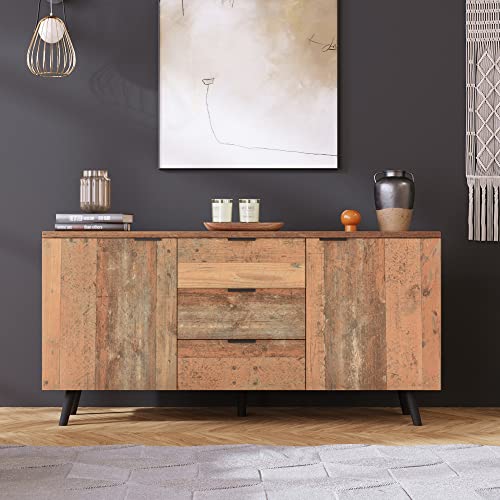 RiteSune TV-Schrank Vintagebraun mit 3 Schubladen, Mehrzweckschrank Doppeltüren & Verstellbaren Böden, Kommode Sideboard mit Aufbewahrung für Wohnzimmer, Schlafzimmer & Esszimmer von RiteSune