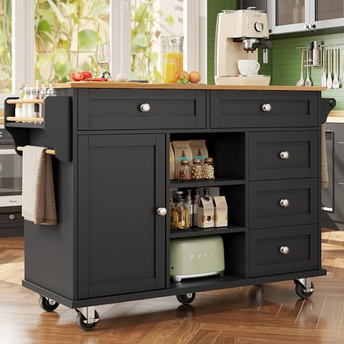 Schwarzer Kitchen Cabinet Speisewagen, Kitchen Island Freestanding with Worktop, Mobiles und festes Dual-Use-Design, Movable Kitchen Dining Trolley with Drawers and Storage Cabinets von RiteSune