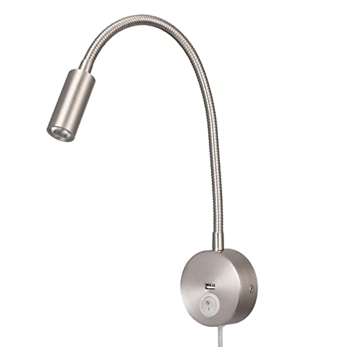Ritona Wandleselampe Ladegerät USB-Ladeanschluss Touch-Schalter LED 3W Warmweiß 3000K 110-240V AC-Eingang EU-Steckerkabel Matt Weiß (Nickel USB Rocker Switch) von Ritona