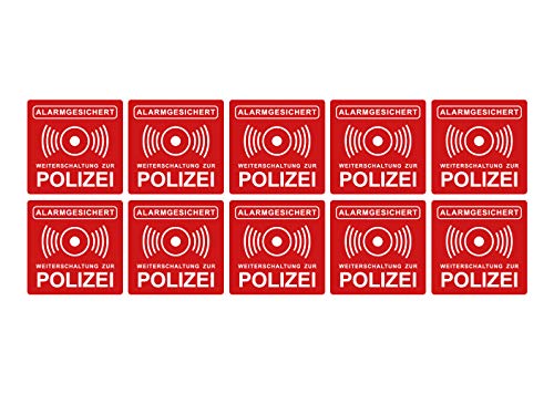 Aufkleber Alarmanlage Weiterschaltung zur Polizei Hinweis Rot Alarmgesichert 5 x 5 cm Witterungs- und UV-Beständig (10) von Ritter Mediendesign