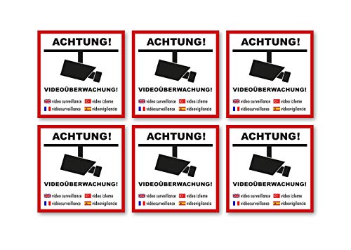 Premium Aufkleber 6 Stück Bereich ist Videoüberwacht Mehrsprachig 5 x 5 cm Alarm Videoüberwachung Hinweis Witterungs- und UV-Beständig von Ritter Mediendesign