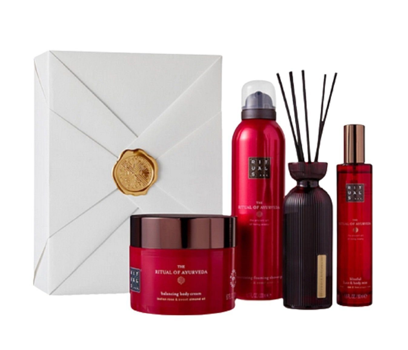 Rituals Wellness-Pflegeset The Ritual of AYURVEDA Geschenkset Groß Frauen & Männer Beauty Set, angenehmer Duft, Dusche, Raumduft, Körperpflege, 4-tlg., Duftstäbchen, Duschschaum, Körpercreme, Peeling, Geschenkbox, Damen & Herren Wellness Set, Pflege ideal als Geschenk für Mann & Frau von Rituals