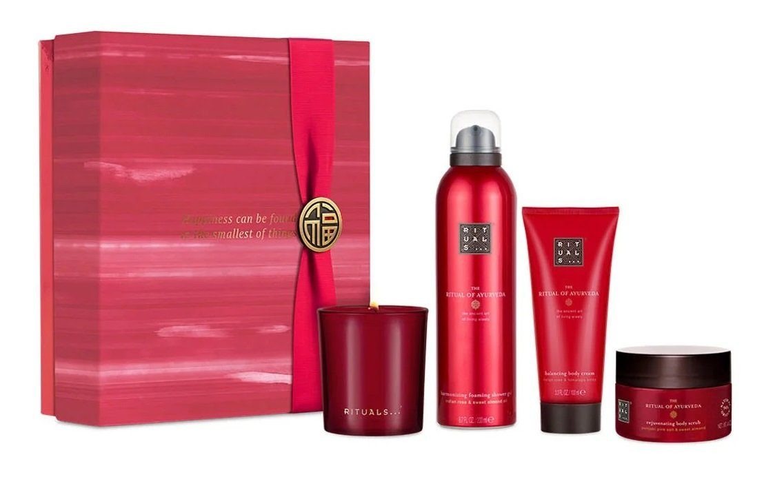 Rituals Wellness-Pflegeset The Ritual of AYURVEDA Geschenkset Mittel Frauen & Männer Beauty Set, angenehmer Duft, Dusche, Raumduft, Körperpflege, 4-tlg., Duftstäbchen, Duschschaum, Körpercreme, Peeling, Geschenkbox, Damen & Herren Wellness Set, Pflege ideal als Geschenk für Mann & Frau von Rituals