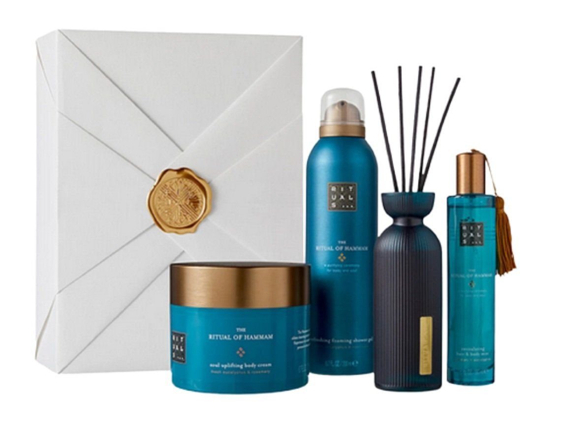 Rituals Wellness-Pflegeset The Ritual of HAMMAM Geschenkset Groß Frauen & Männer Beauty Set, angenehmer Duft, Dusche, Raumduft, Körperpflege, 4-tlg., Duftstäbchen, Duschschaum, Körpercreme, Peeling, Geschenkbox, Damen & Herren Wellness Set, Pflege ideal als Geschenk für Mann & Frau von Rituals