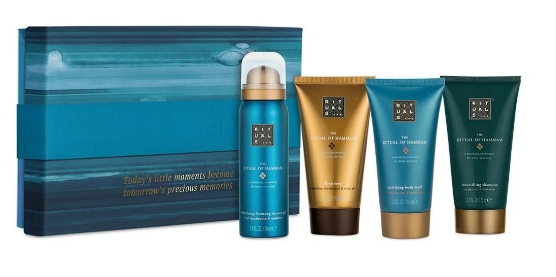 Rituals Wellness-Pflegeset The Ritual of HAMMAM Geschenkset Klein Frauen & Männer Beauty Set, angenehmer Duft, Dusche, Raumduft, Körperpflege, 4-tlg., Duftstäbchen, Duschschaum, Körpercreme, Peeling, Geschenkbox, Damen & Herren Wellness Set, Pflege ideal als Geschenk für Mann & Frau von Rituals