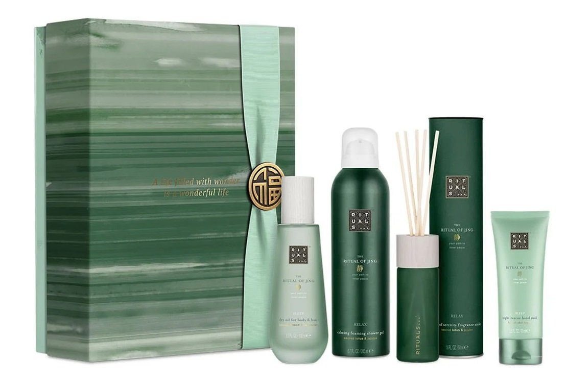 Rituals Wellness-Pflegeset The Rituals of Jing Geschenkset Groß Beauty Frauen & Männer Beauty Set, angenehmer Duft, Dusche, Raumduft, Körperpflege, 4-tlg., Duftstäbchen, Duschschaum, Körpercreme, Peeling, Geschenkbox, Damen & Herren Wellness Set, Pflege ideal als Geschenk für Mann & Frau von Rituals