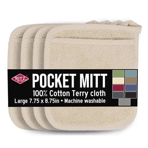 RITZ Terry Pocket Mitt & Hot Pad: hitzebeständig, strapazierfähig 100% Baumwolle - ergonomisch geformt für optimalen Halt, pflegeleicht, maschinenwaschbar, perfekt für Ihre Küche - Latte, 4er-Pack von Ritz
