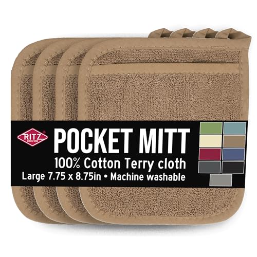 RITZ Terry Pocket Mitt & Hot Pad: hitzebeständig, strapazierfähig 100% Baumwolle - ergonomisch geformt für optimalen Halt, pflegeleicht, maschinenwaschbar, perfekt für Ihre Küche - Mokkabraun 4er Pack von Ritz