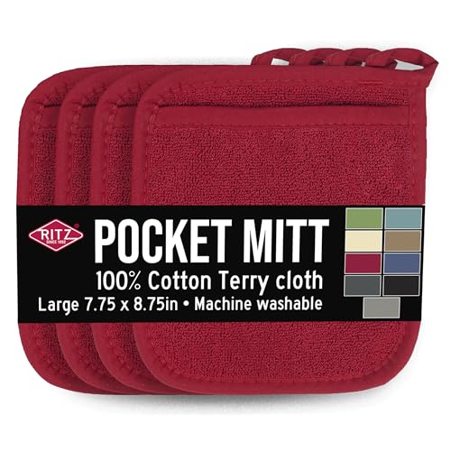 RITZ Terry Pocket Mitt & Hot Pad: hitzebeständig, strapazierfähig 100% Baumwolle - ergonomisch geformt für optimalen Halt, pflegeleicht, maschinenwaschbar, perfekt für Ihre Küche - Paprika Rot von Ritz