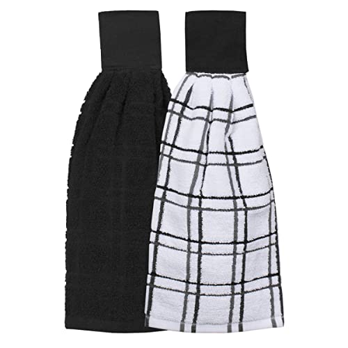 Ritz Kitchen Wears 100% Cotton Checked & Solid Hanging Tie Towels, 2 Pack, Black, 2 Piece von Ritz