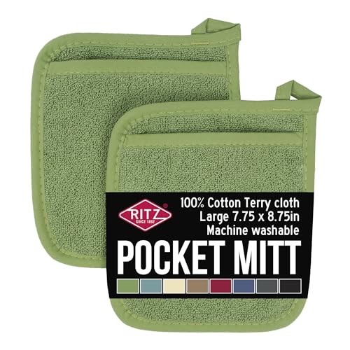 Ritz Royale Collection 100% Baumwolle Frottee Pocket Mitt Set Doppelfunktion Hot Pad Topflappen 2-teilig Kaktus Grün von Ritz