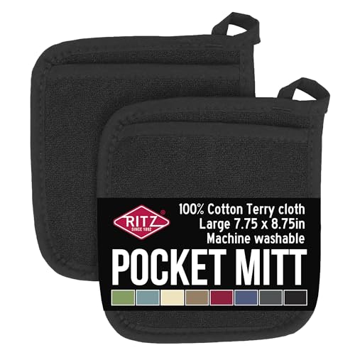 Ritz Royale Collection 100% Baumwolle Frottee Pocket Mitt Set Doppelfunktion Hot Pad Topflappen 2-teilig schwarz von Ritz