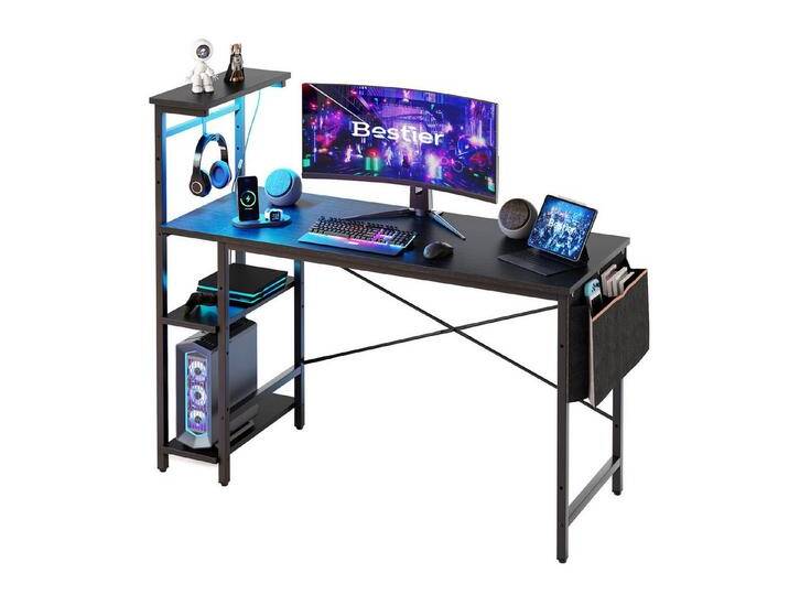 Bestier Gamingtisch Gaming Schreibtisch mit Regalen (Computertisch mit LED-Beleuchtung, 1 Tisch), 130×113×50 cm Gaming tisch mit Headset-Haken für Büro Kleiner Raum von Ritzenhoff-&-Breker