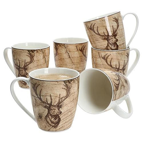 Ritzenhoff & Breker 6er Set Luis braun Kaffeebecher mit Henkel I 320 ml I 6 Personen I Porzellan-Tassen mit Hirsch-Dekor für Heißgetränke wie Tee, Kakao, Kaffee & Co. I Tea-Cup mit Holz-Optik, Mug von Ritzenhoff & Breker