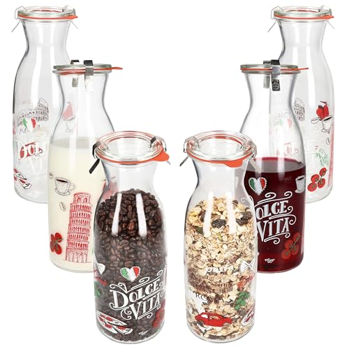 Ritzenhoff & Breker 6er Set Palermo Karaffe 1 Liter + WECK-Zubehör I Krug mit italienischem Dekor aus Glas mit Glasdeckel, Dichtring & Klammern I Saft-Flasche für Wasser, Milch & Co. Ritzenhoff & Breker 6er Set Palermo Karaffe 1 Liter + WECK-Zubehör I Krug mit italienischem Dekor aus Glas mit Glasdeckel, Dichtring & Klammern I Saft-Flasche für Wasser, Milch & Co. von Ritzenhoff & Breker