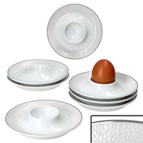 Ritzenhoff & Breker 6er Set Venezia Eierbecher mit Ablage I 6 Personen I Ø 12,5cm I weiße Flache Eierständer für das Frühstücksei I Elegante Porzellan-Eierhalter mit Relief in Kieselstein-Optik von Ritzenhoff & Breker