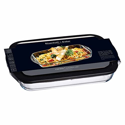 Ritzenhoff & Breker Cucina Auflaufform, Rechteckige Ofenform mit Frischhaltedeckel, 3850 ml, Spülmaschinenfest, Glas/Kunststoff, Transparent/Schwarz von Ritzenhoff & Breker