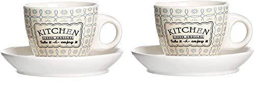 Ritzenhoff & Breker Espressotassen Retro Kitchen 2er Set I kleine Becher mit Henkel alternativ auch für Kaffee Lungo Americano Ristretto & Co I Porzellan Tasse mit Unterteller 80 ml in Creme blau von Ritzenhoff & Breker