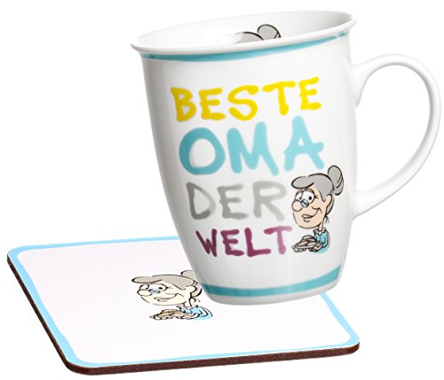 Ritzenhoff & Breker Kaffeebecher Beste Oma der Welt mit Untersetzer im Geschenkkarton, Geschenk-Set, 2-teilig, Blau von Ritzenhoff & Breker