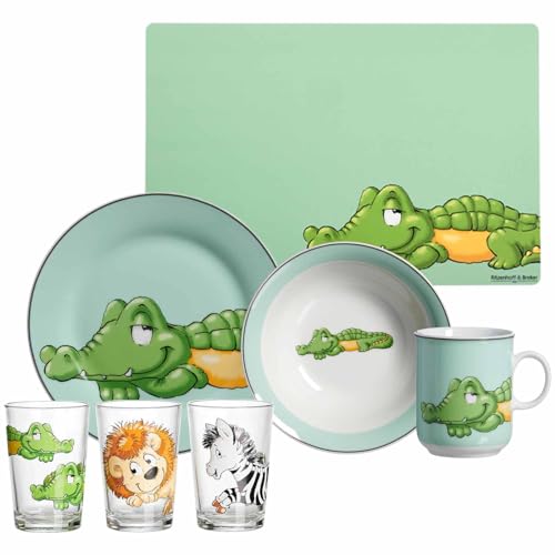 Ritzenhoff & Breker Kinder-Set Happy Zoo Krokodil 7-teilig, Porzellan-Kindergeschirr mit Schale Becher Teller, Kindergläser 205 ml, Platzset 45 x 30 cm, Gedeckter Kindertisch mit Tier-Motiven von Ritzenhoff & Breker