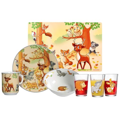 Ritzenhoff & Breker Kinder-Set Waldtiere 7-teilig, Porzellan-Kindergeschirr mit Schale Becher Teller, Kindergläser 205 ml, Platzset 45 x 30 cm, Gedeckter Kindertisch mit Tier-Motiven von Ritzenhoff & Breker