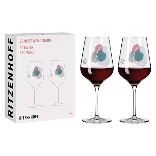Ritzenhoff 3601001 Rotweinglas 500 ml – Serie Sommerwendtraum Set Nr. 1 – 2 Stück mit Aquarellkreisen – Made in Germany, Blau, Grau, Rot von RITZENHOFF