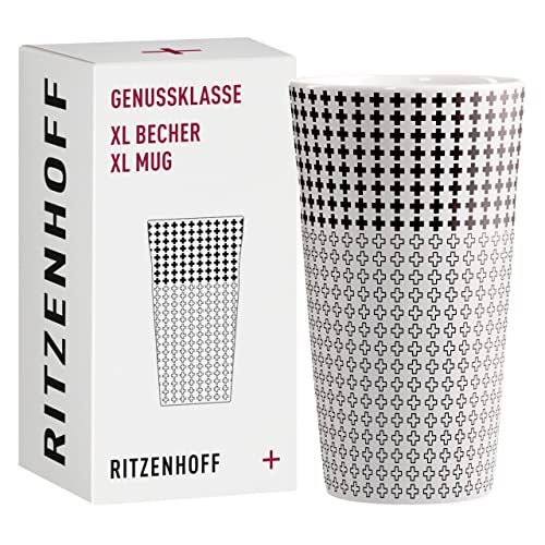 Ritzenhoff 3741003 Kaffee-Tasse XL 500 ml – Serie Genussklasse Nr. 3 – Porzellan-Becher mit Plusmotiv, Designerstück, Schwarz, Weiß von RITZENHOFF