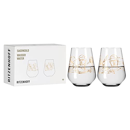 RITZENHOFF 3421001 Wasserglas 500 ml - Serie Sagengold Nr. 1, 2er Set, Mythologiemotiv, Echt-Gold - Made in Germany von RITZENHOFF