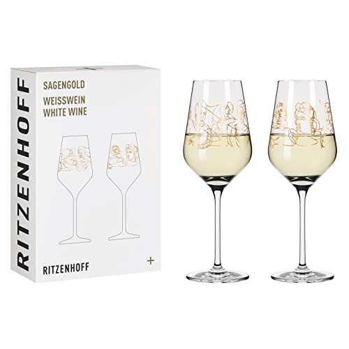 RITZENHOFF 3411001 Weißweinglas 300 ml – Serie Sagengold Nr. 1 – 2er Set, Mythologiemotiv, Echt-Gold – Made in Germany von RITZENHOFF