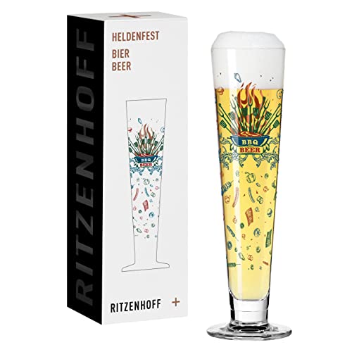 RITZENHOFF 1011014 Bier-Glas 330 ml - Serie Heldenfest, Motiv Nr. 14 – BBQ and beer – rund, mehrfarbig – Made in Germany von RITZENHOFF